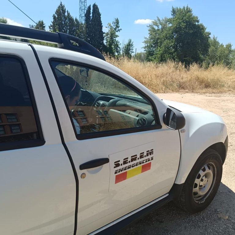 Vehículo blanco con logo y matrícula cerca de un área verde y seca.