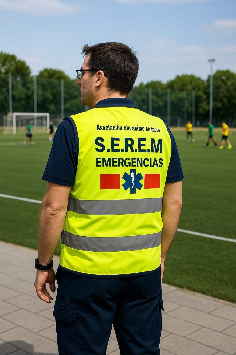 Persona con chaleco reflectante de S.E.R.E.M. Emergencias, observando un partido de fútbol.